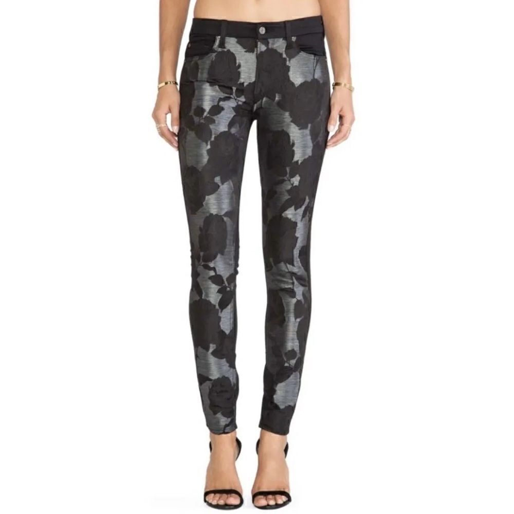 7 For All Mankind Skinny Jeans - Black Metallic Rose Print